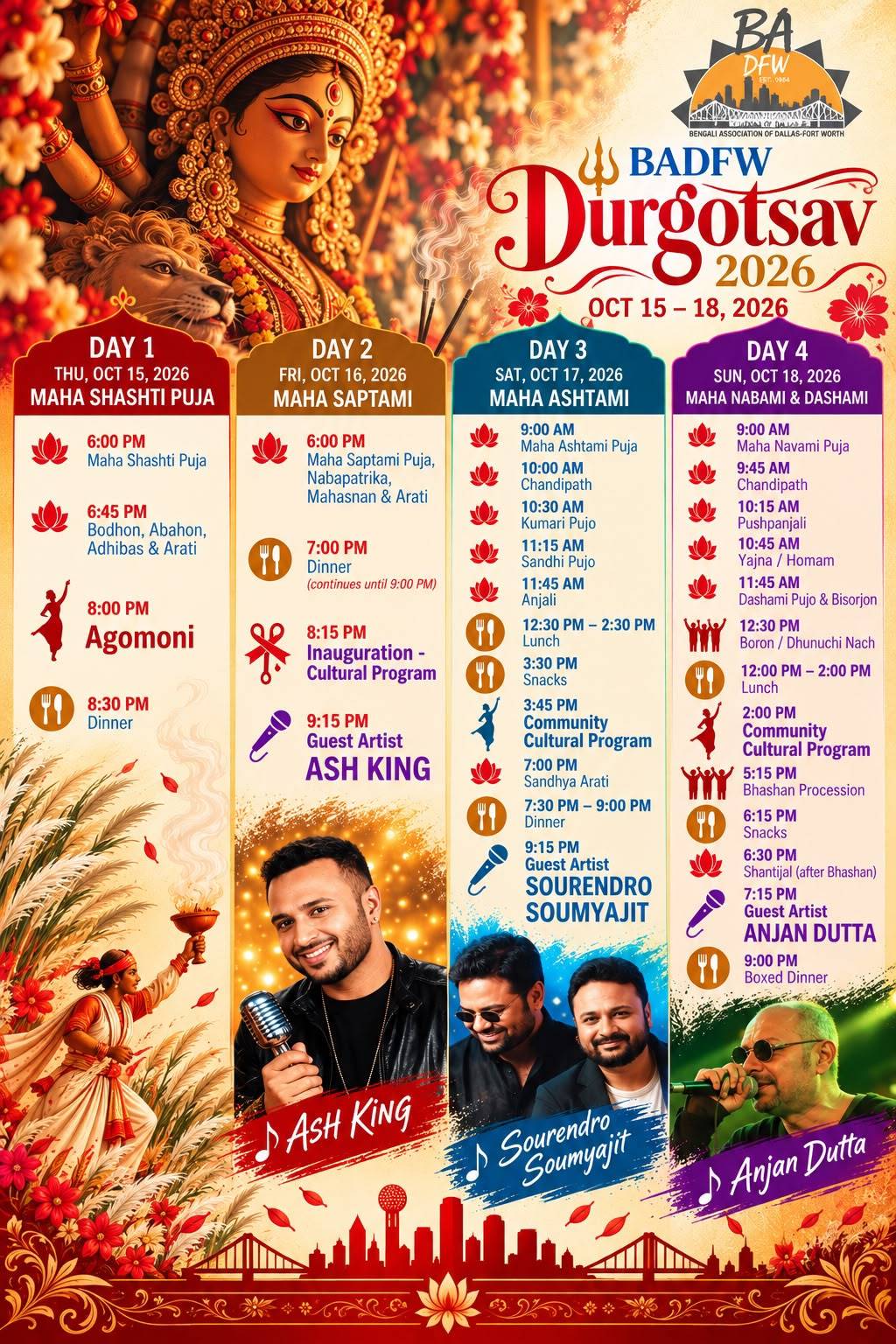 BADFW Durgotsav 2026 puja schedule, October 15 to 18